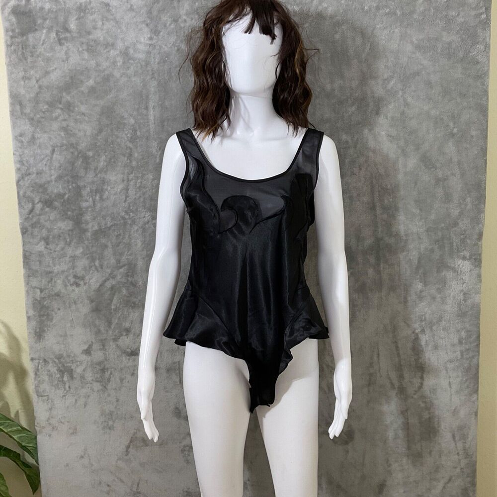 Vtg Josie Satin Teddy Body Suit size S Black Flame design bodice ruffles *